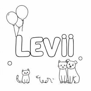 Write LEVI on the page. make it easy to colour in for a 3 year old. Add in some balloons, and cats and dogs.