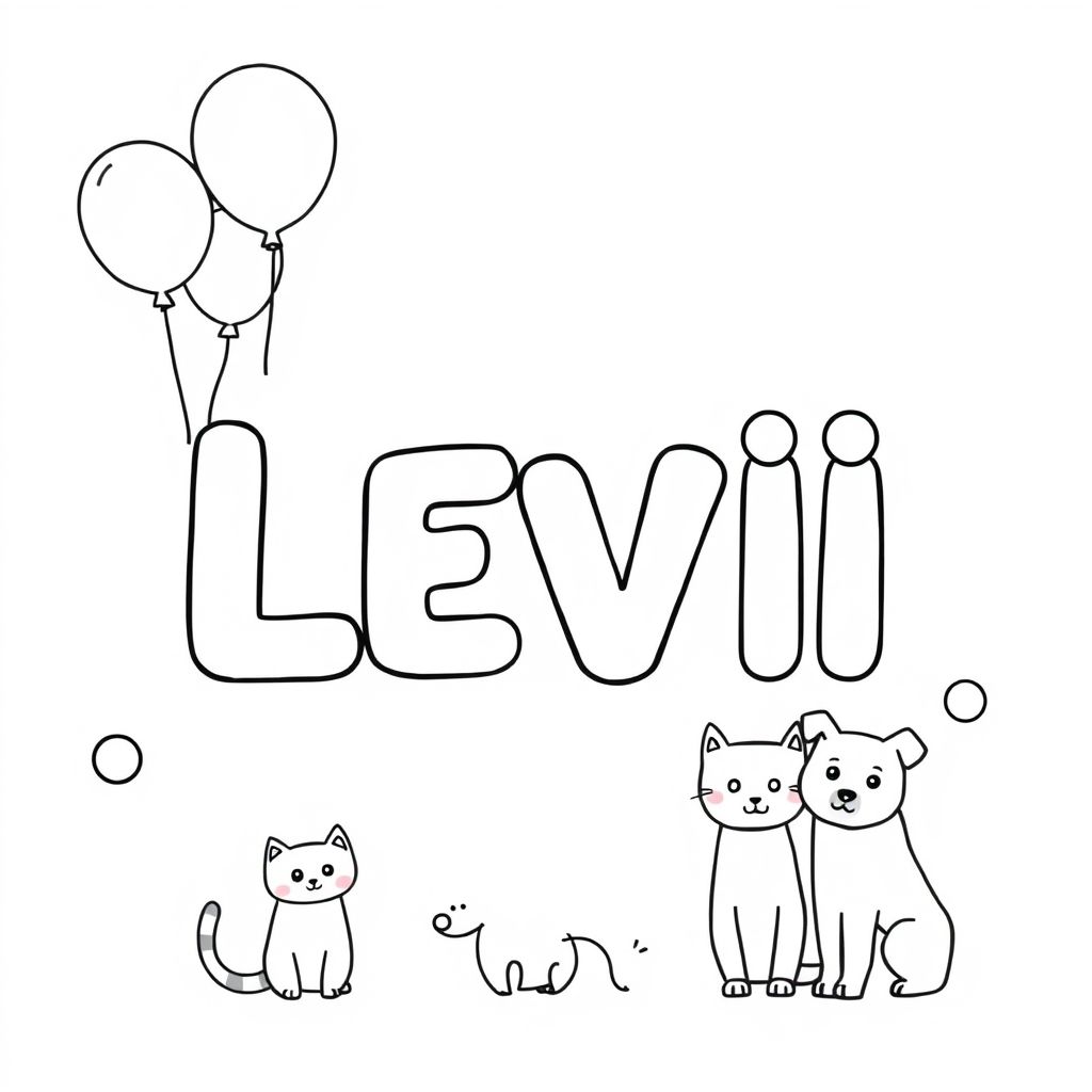Write LEVI on the page. make it easy to colour in for a 3 year old. Add in some balloons, and cats and dogs.