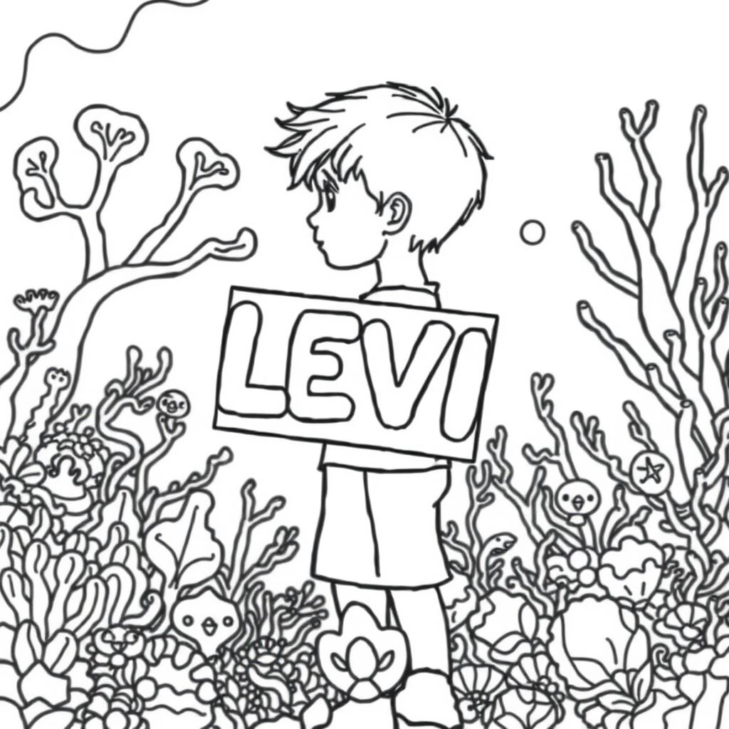 A profile view of a little blond haired by, holding a sign with "L E V I" written in white bubble letters, in profile, in a underwater coral reef kingdom, surrealist style