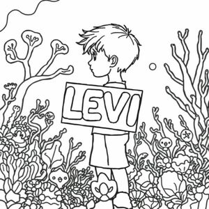 A profile view of a little blond haired by, holding a sign with "L E V I" written in white bubble letters, in profile, in a underwater coral reef kingdom, surrealist style