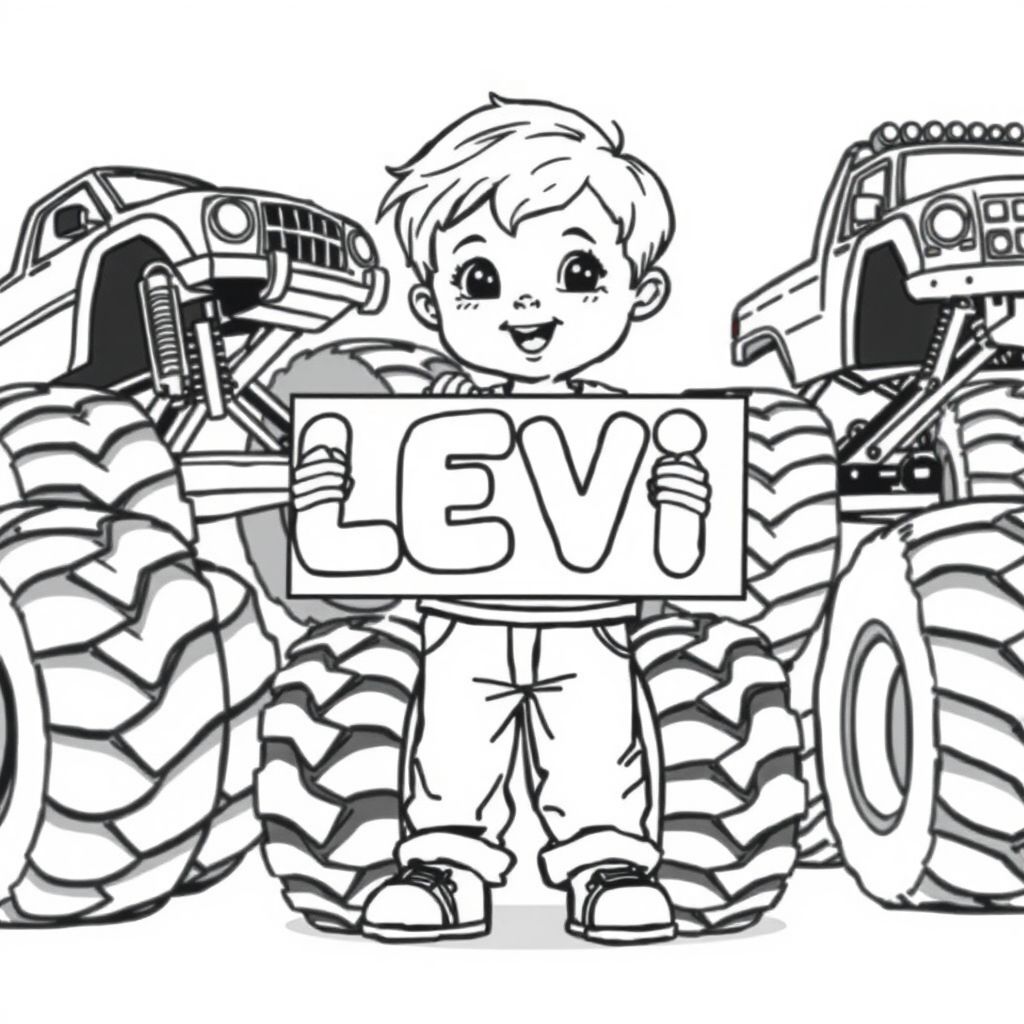 A little blond haired toddler boy, holding a sign with "L E V I" written in white bubble letters, surrounded by monster trucks