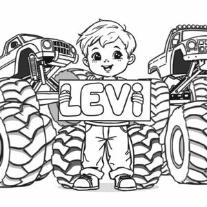 A little blond haired toddler boy, holding a sign with "L E V I" written in white bubble letters, surrounded by monster trucks