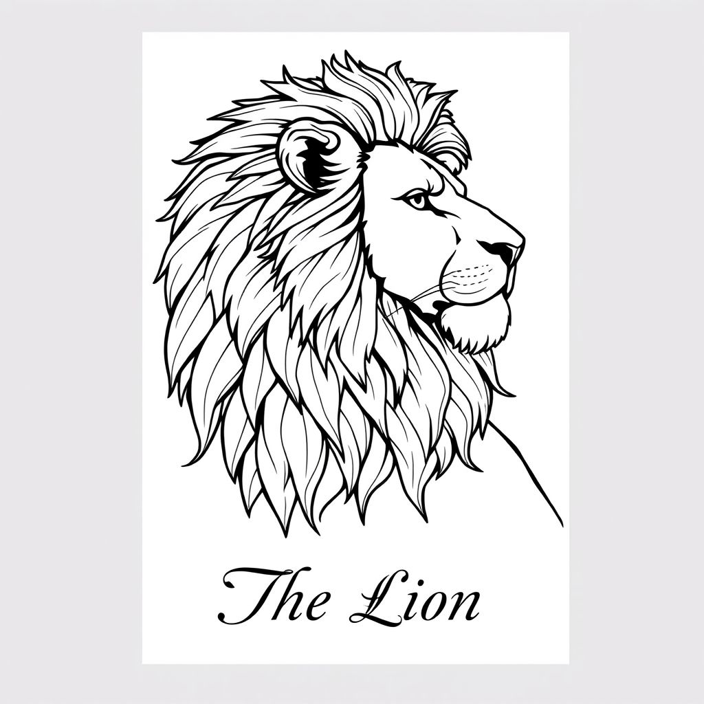 Sure! Here's a detailed prompt for a realistic and professional lion coloring book illustration:

---

Prompt:
Create a highly detailed and realistic line drawing of a majestic lion in profile view, with its mane flowing elegantly to enhance a regal and luxurious appearance. The lion's expression should be noble and serene, with fine details on the face, fur, and body. The mane should be intricately drawn with a sense of volume and texture, emphasizing the lion's grandeur. Beneath the lion, include the name "The Lion" in an elegant, bold font that complements the lion's dignified posture. The design should be clean and crisp, suitable for a professional-level coloring book.