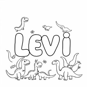 "L E V I" in bubble letters with dinosaurs surrounding on the page