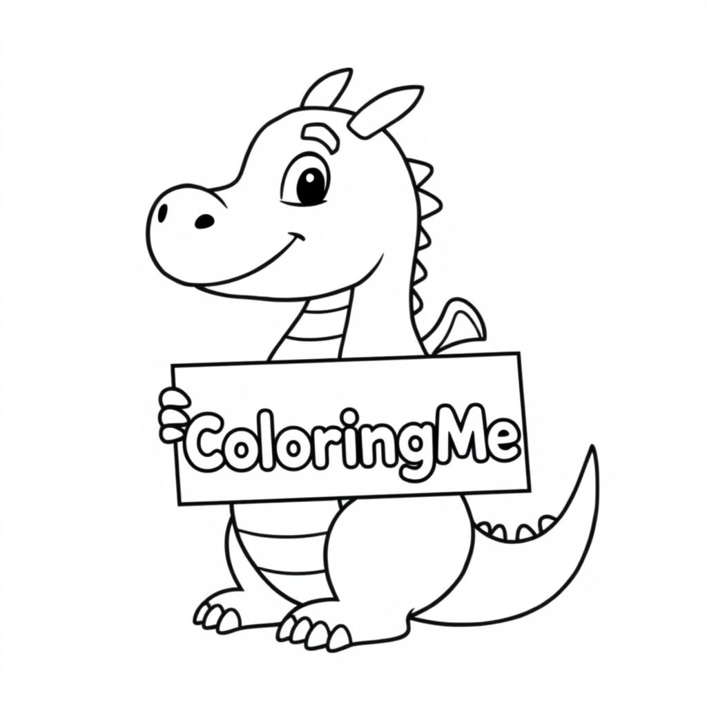 A profile view of a friendly dragon, holding a sign with "ColoringMe" written in white bubble letters