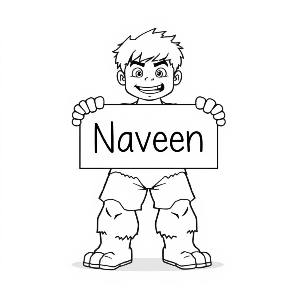 young hulk standing with board "Naveen"