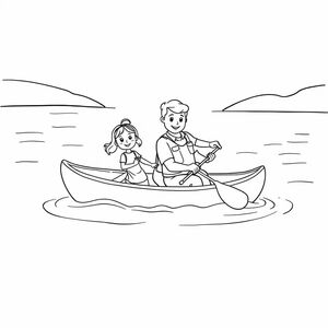Two little girls and their dad in a canoe on a lake