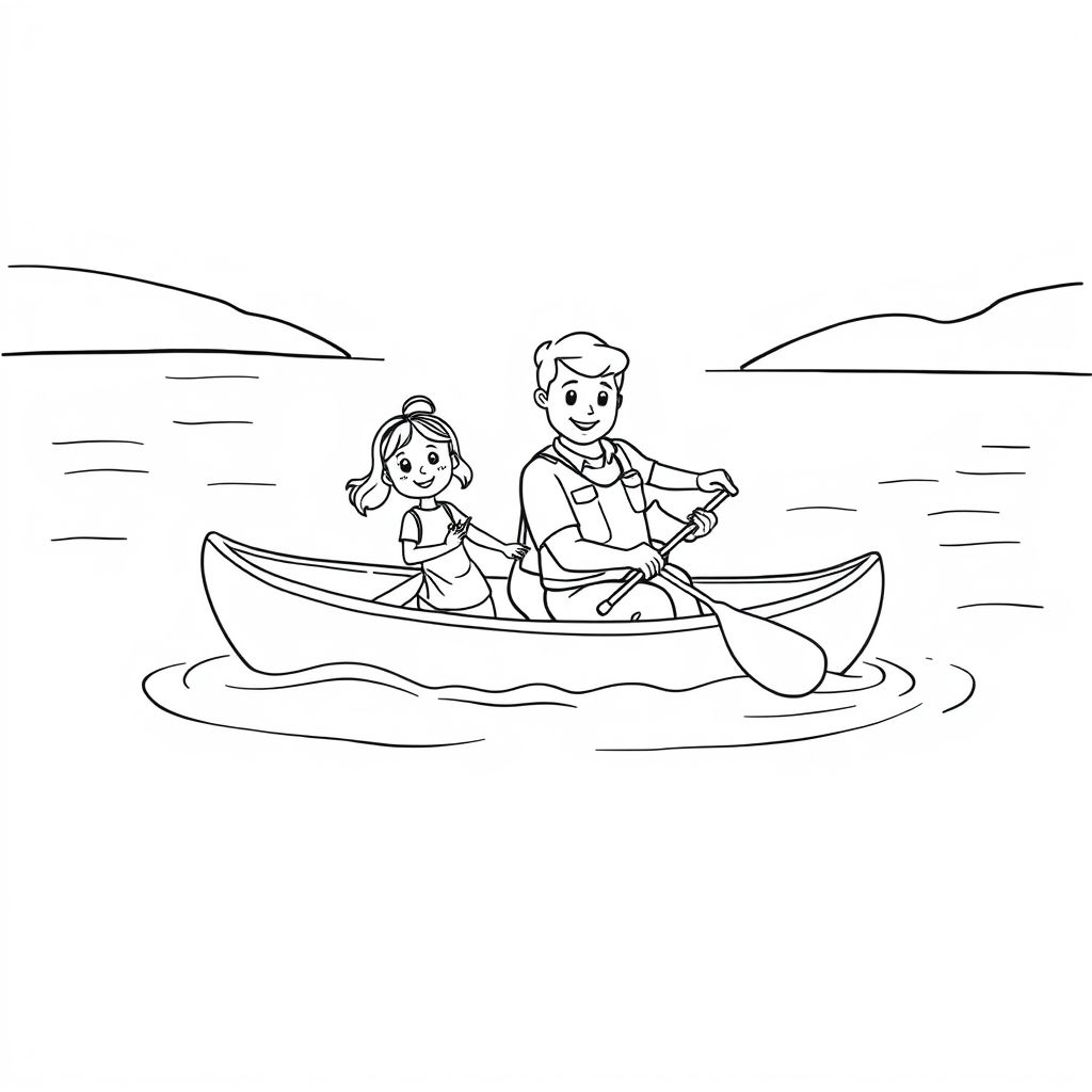 Two little girls and their dad in a canoe on a lake