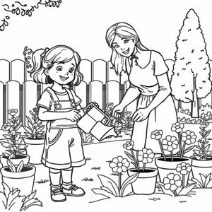 Young girl gardening with her mom in the backyard
