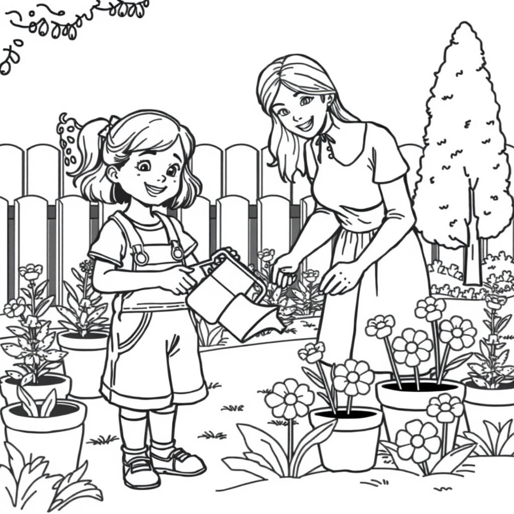 Young girl gardening with her mom in the backyard