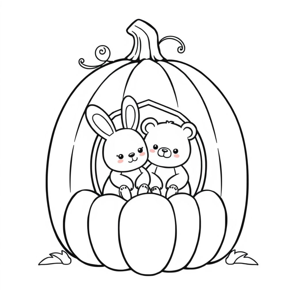 a cute bunny and its bear freind sitting in a cottage pumpkin (black and wite with a kawai style)
