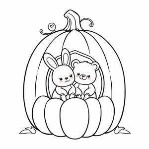 a cute bunny and its bear freind sitting in a cottage pumpkin (black and wite with a kawai style)