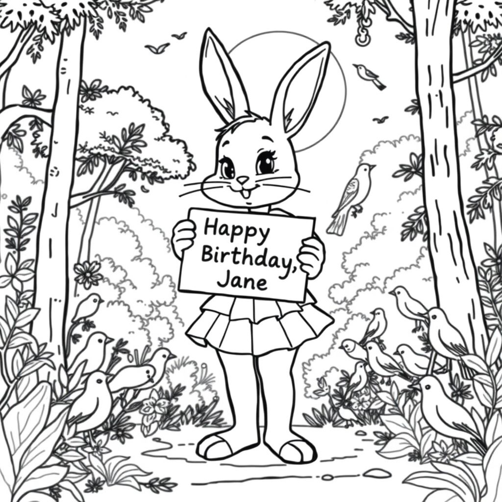 A cute bunny girl in mini skirt holding a card saying "Happy Birthday, Jane". Background should be a sunny forest with a lot of birds
