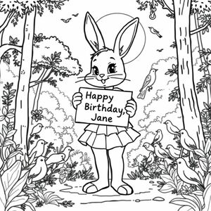 A cute bunny girl in mini skirt holding a card saying "Happy Birthday, Jane". Background should be a sunny forest with a lot of birds
