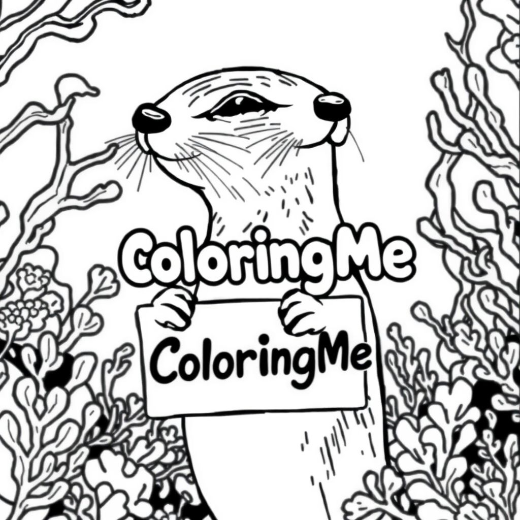 A profile view of a friendly otter, holding a sign with "ColoringMe" written in white bubble letters, in profile, in a underwater coral reef kingdom, surrealist style
