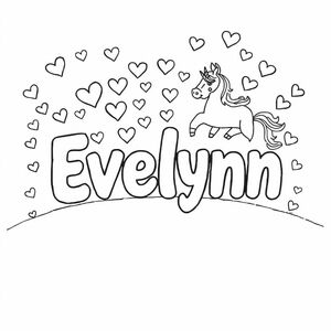 The name Evelynn with hearts and unicorns in the backround