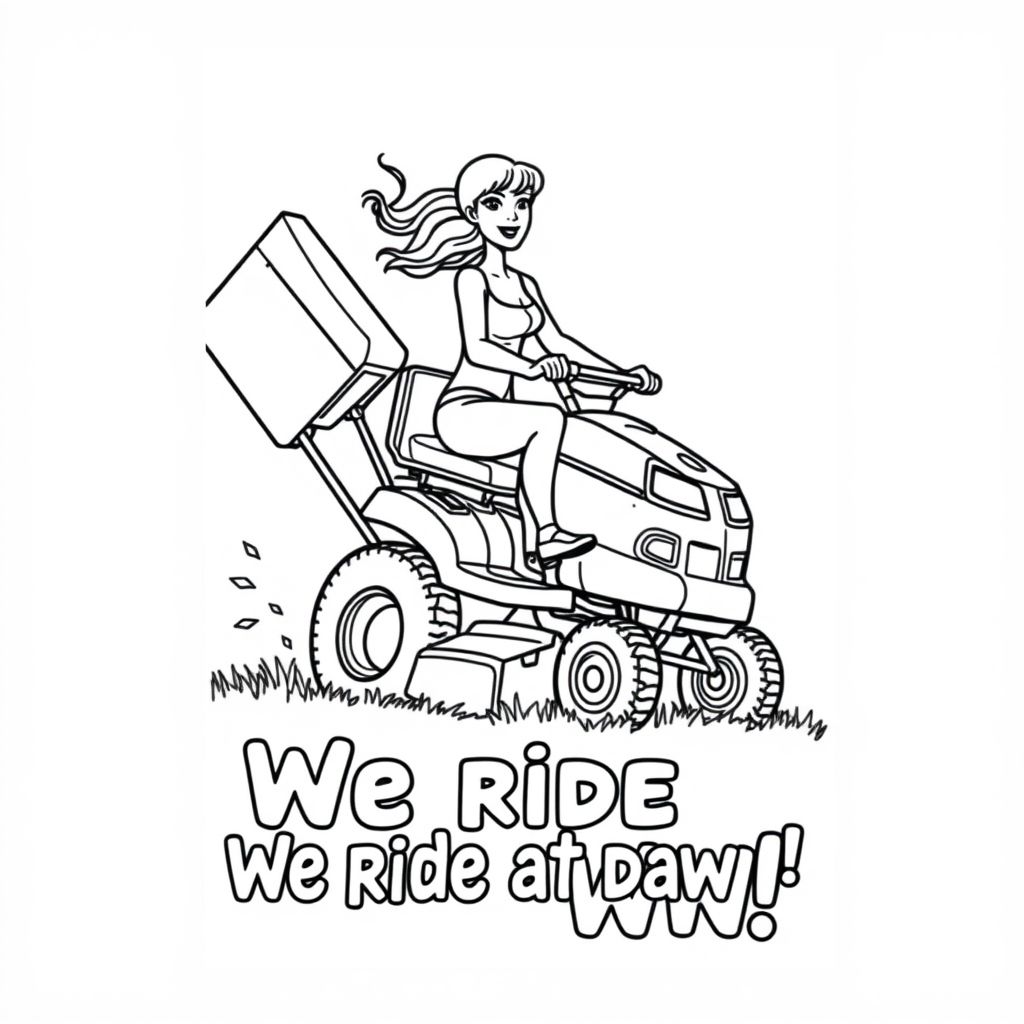 Lady riding a lawn mower doing a wheelie with the words that say We ride at dawn! 