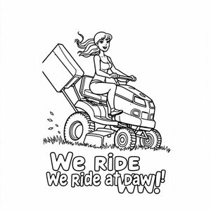 Lady riding a lawn mower doing a wheelie with the words that say We ride at dawn! 