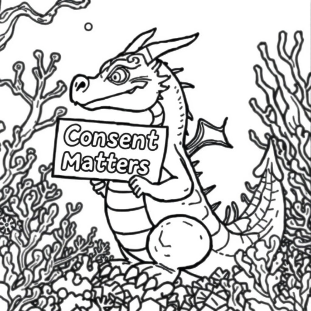 A profile view of a friendly dragon, holding a sign with "Consent Matters" written in white bubble letters, in profile, in a underwater coral reef kingdom, surrealist style