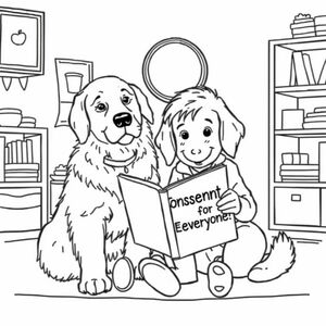 A fluffy golden retriever service dog and a young boy reading a book in a playroom. the book title is "Consent For Everyone!" 
