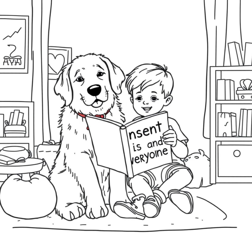 A fluffy golden retriever service dog. a young boy. they are sitting in a play room reading a book together. The book is titled "Consent Is For Everyone"