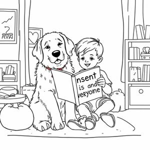 A fluffy golden retriever service dog. a young boy. they are sitting in a play room reading a book together. The book is titled "Consent Is For Everyone"