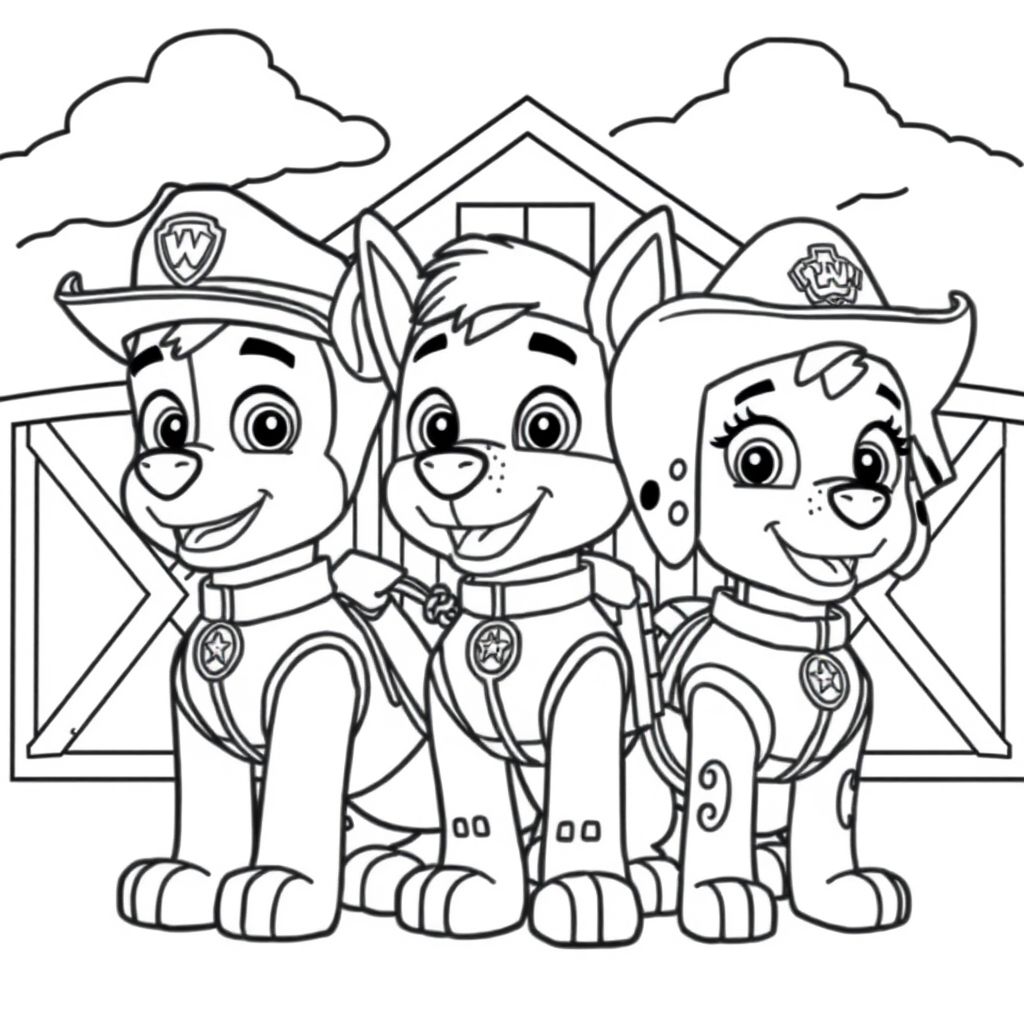 Paw Patrol Chase, Sky, And Marshal wesring cowboy hats, and western atire, in front of a barn ready for a rodeo, give one of them a lasso on their belt