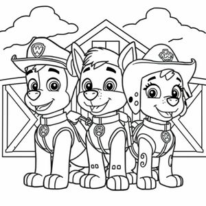 Paw Patrol Chase, Sky, And Marshal wesring cowboy hats, and western atire, in front of a barn ready for a rodeo, give one of them a lasso on their belt