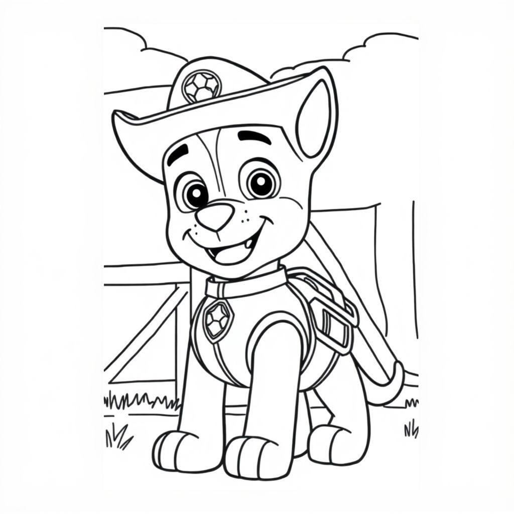 Paw patrol Chase, wearing cowboy clothes and hat standing in front of a barn