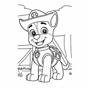 Paw patrol Chase, wearing cowboy clothes and hat standing in front of a barn