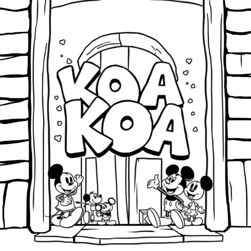 My name sign for a door saying KOA in bubble graffiti writing with Disney Mickey Mouse and friends around the name as a border in black-and-white so it can be coloured in