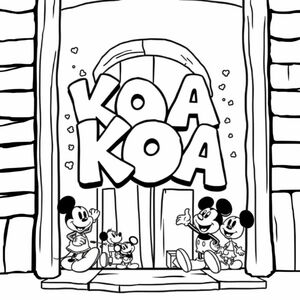 My name sign for a door saying KOA in bubble graffiti writing with Disney Mickey Mouse and friends around the name as a border in black-and-white so it can be coloured in