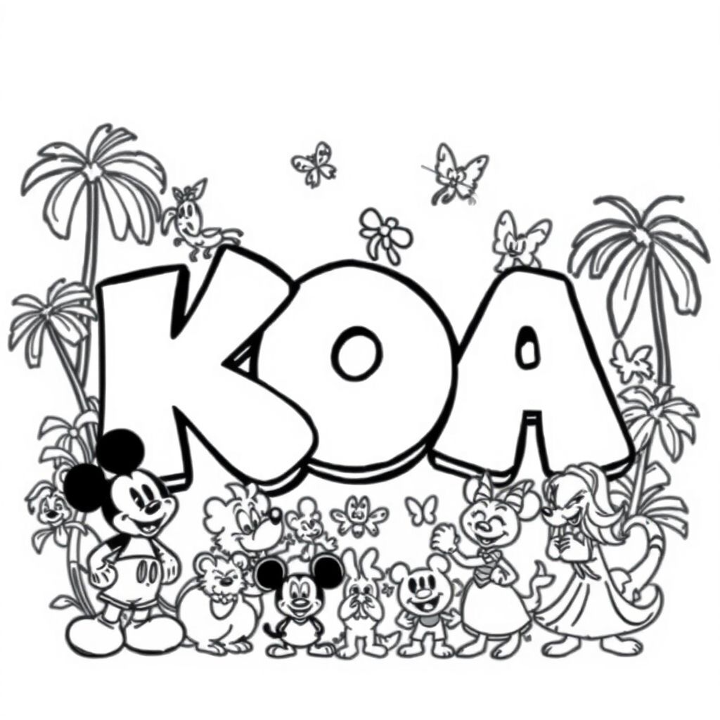 I want name sign with the name KOA  in bubble graffiti writing with Disney characters around the outside all in black-and-white thick and bold so it can be coloured in