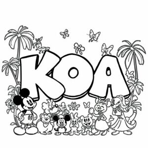  I want name sign with the name KOA  in bubble graffiti writing with Disney characters around the outside all in black-and-white thick and bold so it can be coloured in