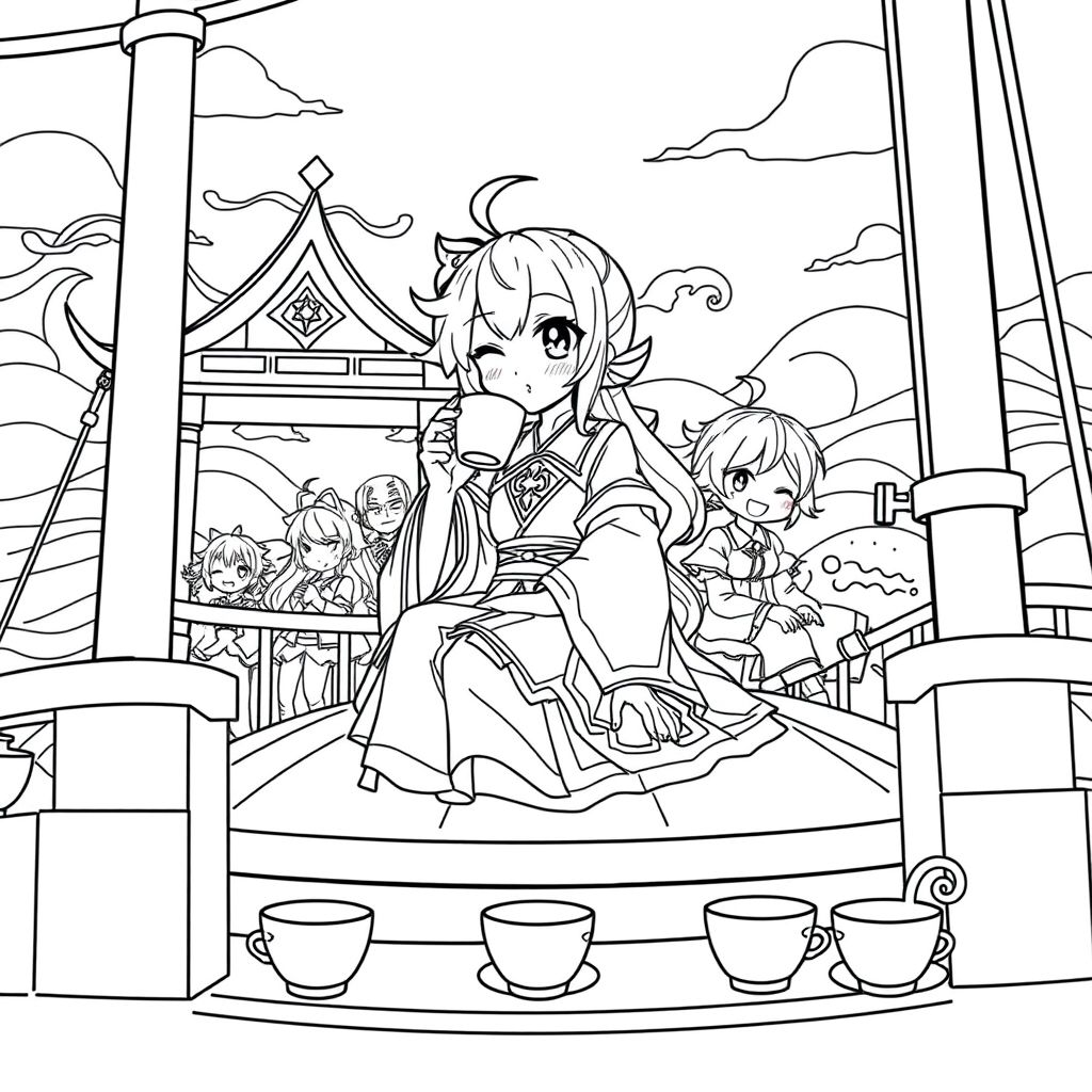 Kaedehara Kazuha in the game Grnshin sits on the deck of a ship enjoying tea with the characters in the game
