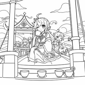Kaedehara Kazuha in the game Grnshin sits on the deck of a ship enjoying tea with the characters in the game
