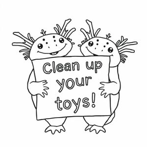 axolotls holding sign saying "Clean up your toys!"