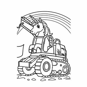 unicorn driving an excavator with a rainbow
