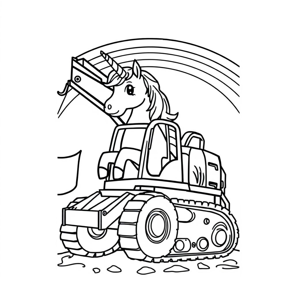 unicorn driving an excavator with a rainbow
