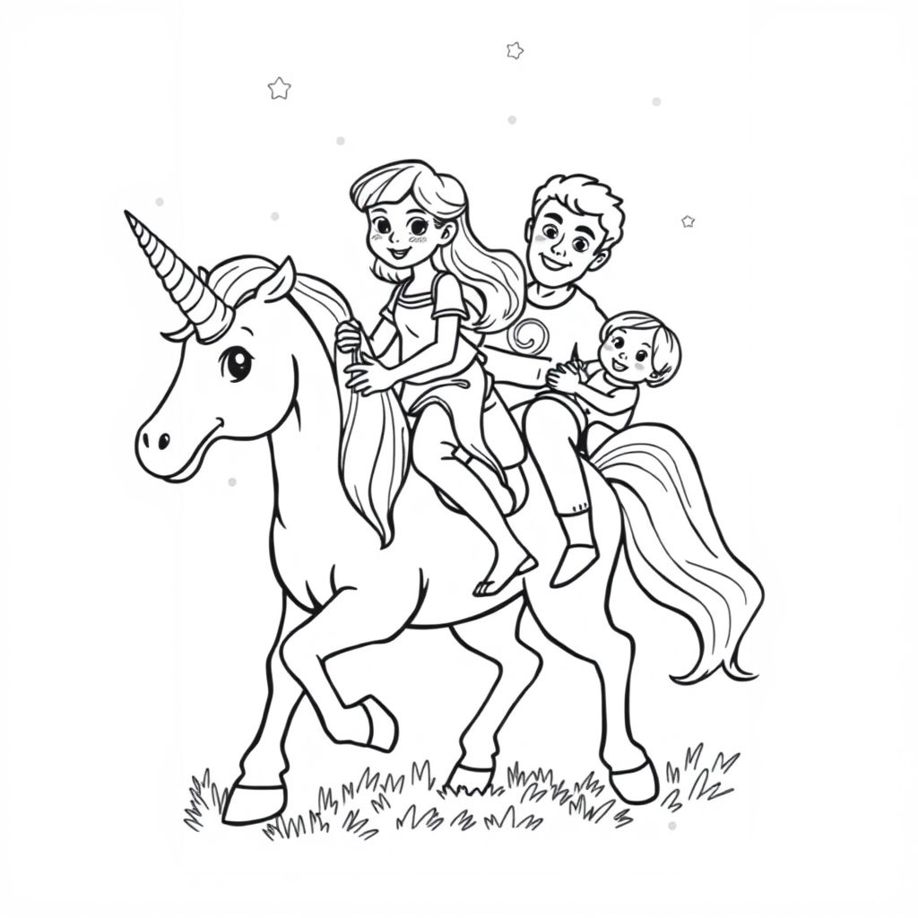 Girl riding a unicorn. Her parents and baby sister are also in the picture having fun

