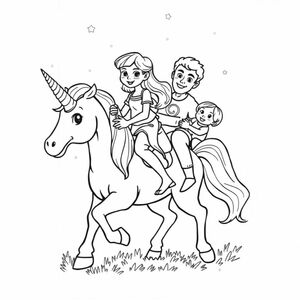 Girl riding a unicorn. Her parents and baby sister are also in the picture having fun
