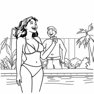 woman with her top off, pool

man near, holding her bikini top