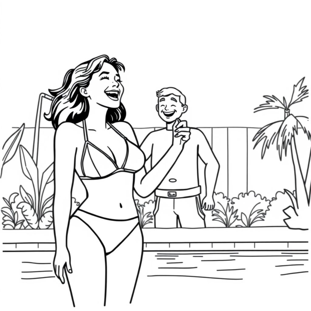 woman with her top off, pool

man near, holding her bikini top