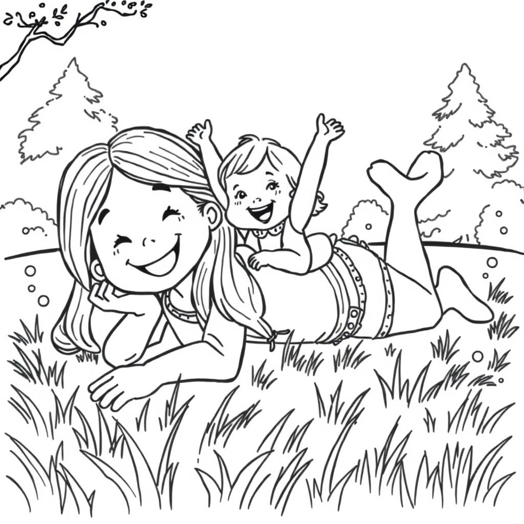 4 year old girl lying on the ground.  Her baby sister is sitting on the girls stomach laughing
