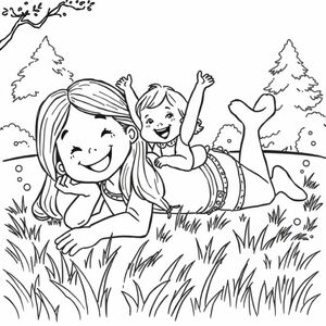 4 year old girl lying on the ground.  Her baby sister is sitting on the girls stomach laughing