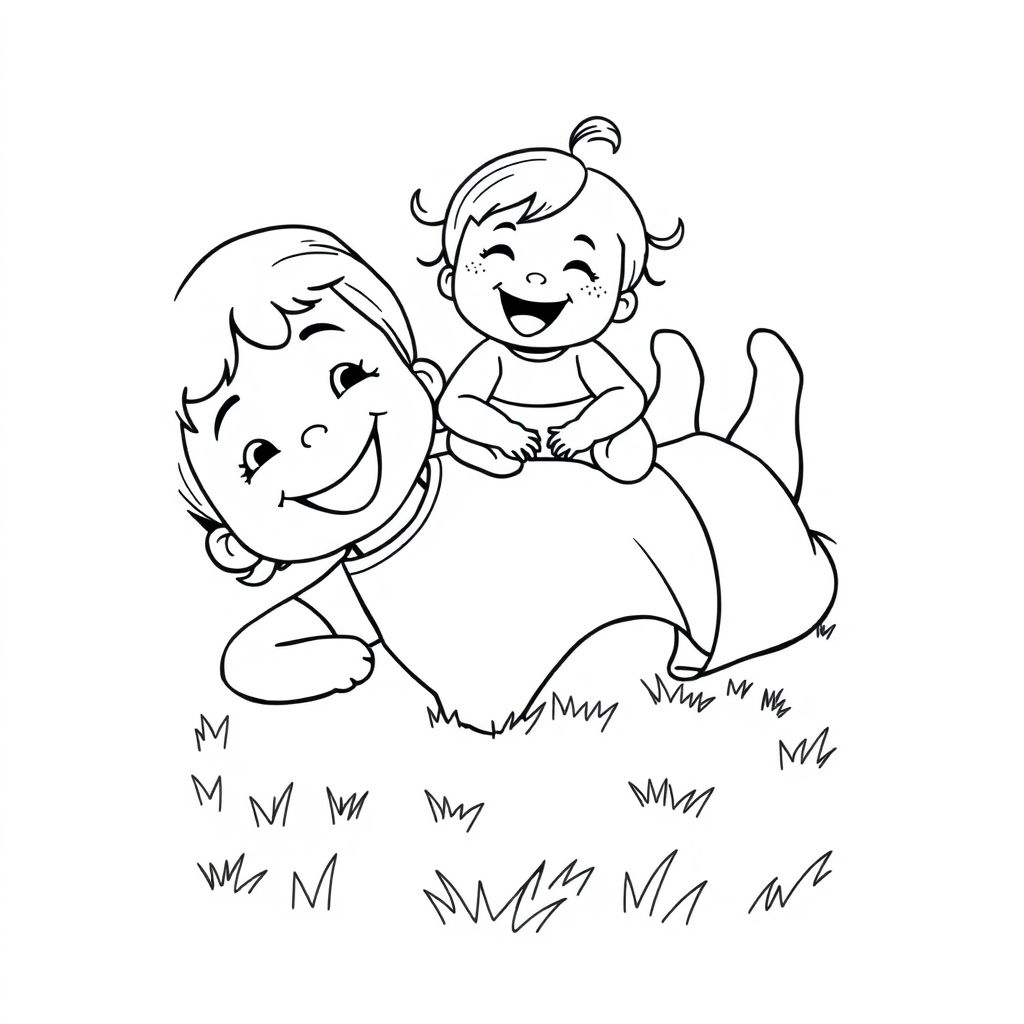4 year old girl lying on her back on the ground. Her baby sister is sitting on the girls stomach laughing