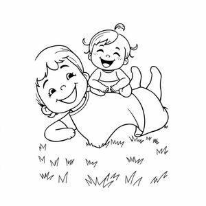 4 year old girl lying on her back on the ground. Her baby sister is sitting on the girls stomach laughing