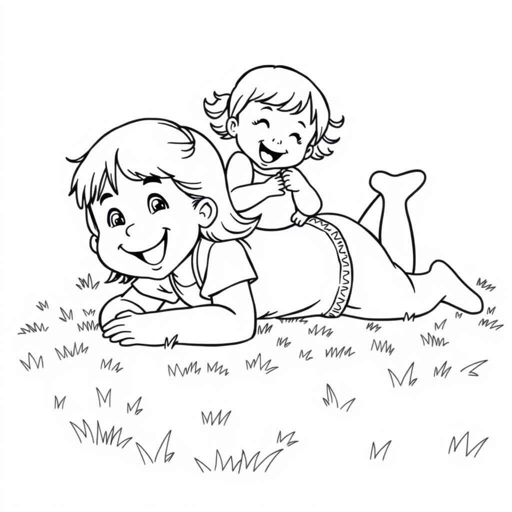 4 year old girl lying on the ground. Her baby sister is sitting on the girls stomach laughing. both are having fun