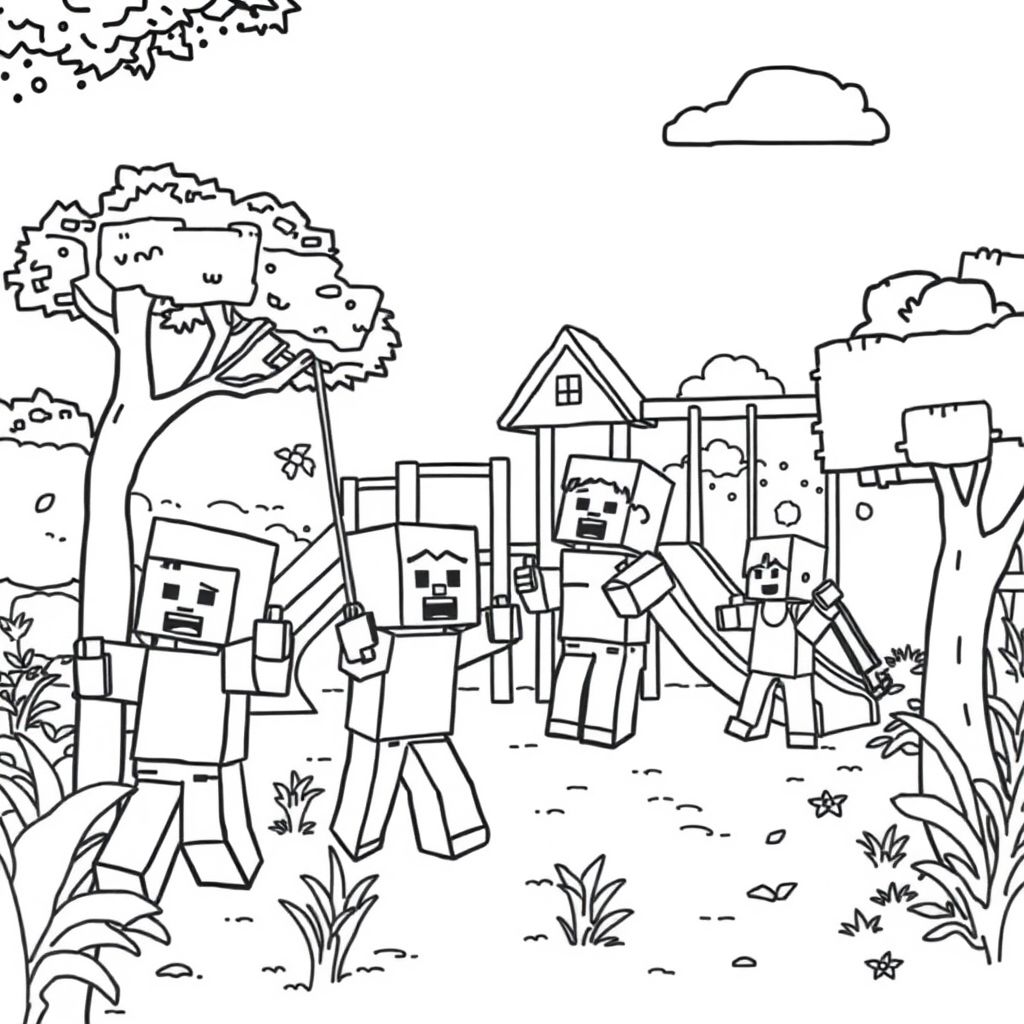 students playing on the playground with minecraft characters
