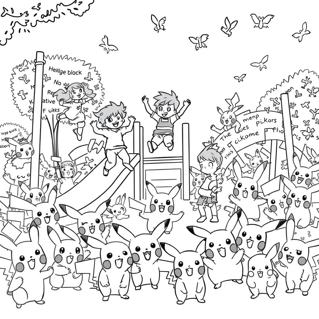 students playing on the playground with 100 Pikachus